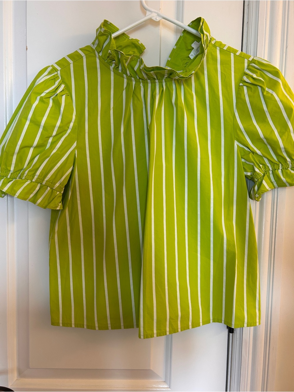 THML Green & White Vertical Stripe Ruffle Neck Blouse